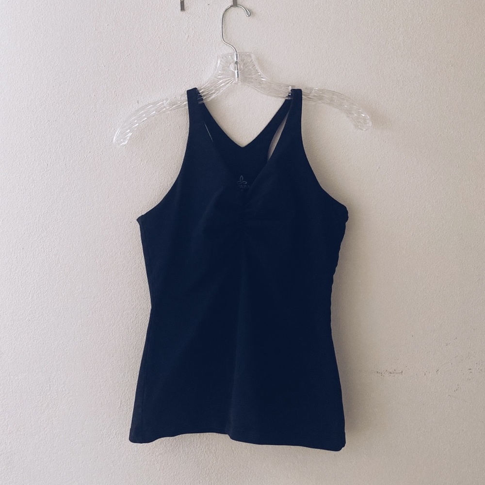 prAna Black V Neck Ruched Racerback Tank Top Built In Bra Black Medium